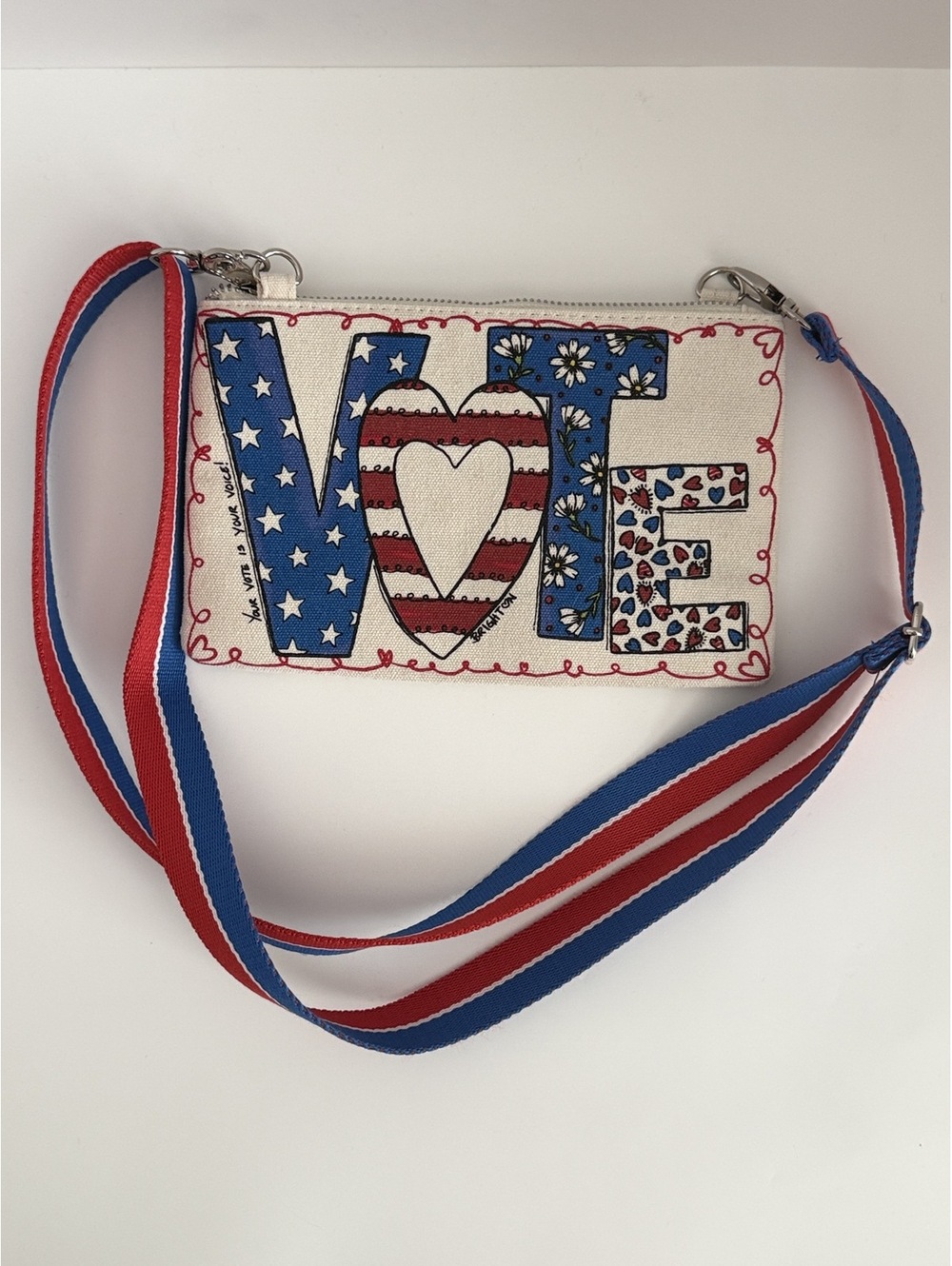Brighton Crossbody Bag White Canvas Patriotic Vote 2024 Red Blue Purse Pouch
